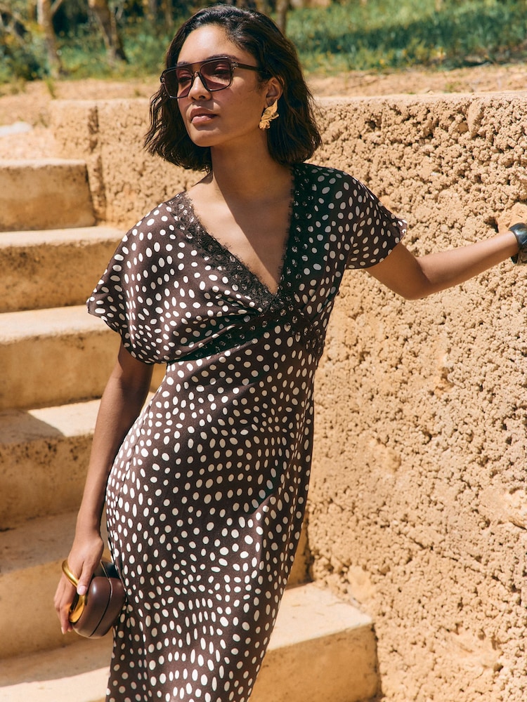 Friends Like These Brown/Cream Satin Lace Trim Batwing Midi Dress - Image 2 of 5