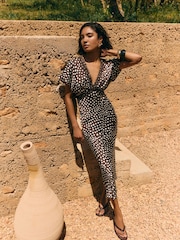 Friends Like These Brown/Cream Satin Lace Trim Batwing Midi Dress - Image 4 of 5
