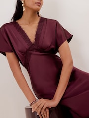 Friends Like These Berry Red Satin Lace Trim Batwing Midi Dress - Image 2 of 4
