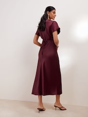 Friends Like These Berry Red Satin Lace Trim Batwing Midi Dress - Image 4 of 4
