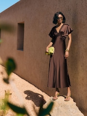 Friends Like These Chocolate Brown Satin Lace Trim Batwing Midi Dress - Image 2 of 5