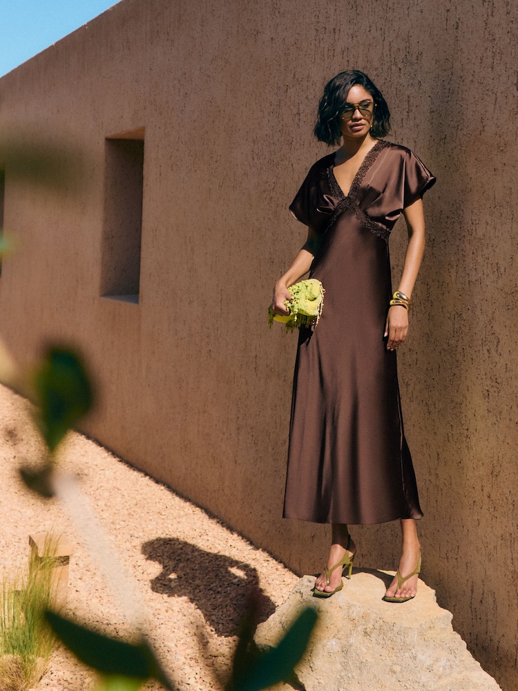 Friends Like These Chocolate Brown Satin Lace Trim Batwing Midi Dress - Image 2 of 5