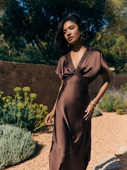 Friends Like These Chocolate Brown Satin Lace Trim Batwing Midi Dress - Image 3 of 5