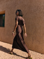 Friends Like These Chocolate Brown Satin Lace Trim Batwing Midi Dress - Image 4 of 5