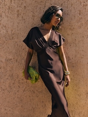 Friends Like These Chocolate Brown Satin Lace Trim Batwing Midi Dress - Image 5 of 5