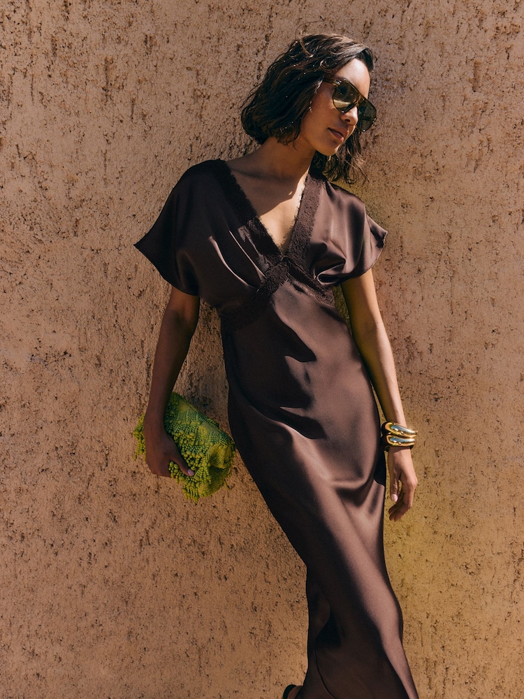 Friends Like These Chocolate Brown Satin Lace Trim Batwing Midi Dress - Image 5 of 5