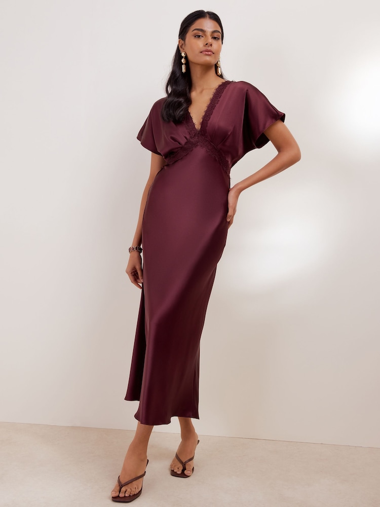 Friends Like These Berry Red Petite Satin Lace Trim Batwing Midi Dress - Image 1 of 4 Friends Like These Berry Red Petite Satin Lace Trim Batwing Midi Dress - Image 1 of 4