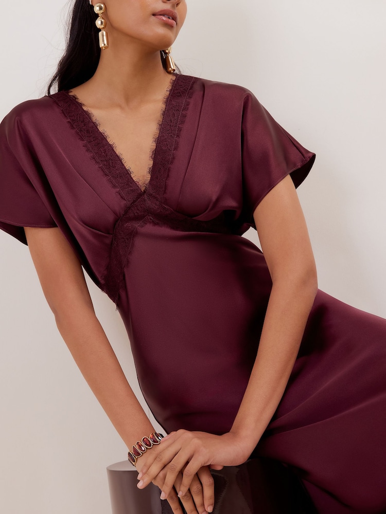 Friends Like These Berry Red Petite Satin Lace Trim Batwing Midi Dress - Image 2 of 4 Friends Like These Berry Red Petite Satin Lace Trim Batwing Midi Dress - Image 2 of 4