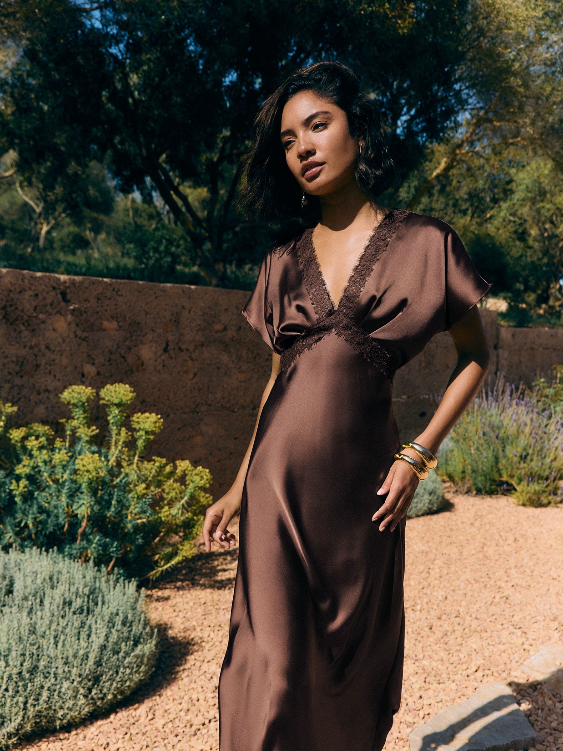 brown silk dress Buy Friends Like These Chocolate Petite Satin Lace Trim Batwing Midi from Next USA Premium matte satin width_d Color:SILVER-NUDE Jade Nocturne 💚 This Short