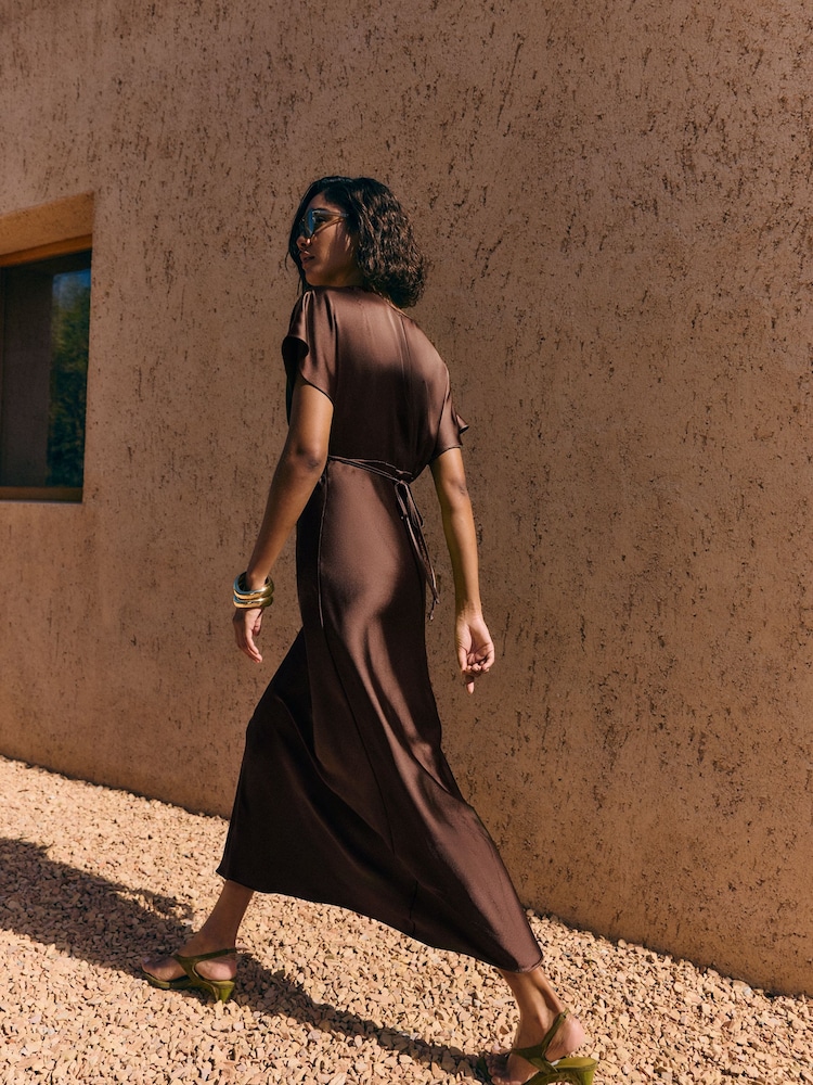 chocolate brown petite dress Women's Petite Chocolate Lace Cut Out Satin Maxi Dress