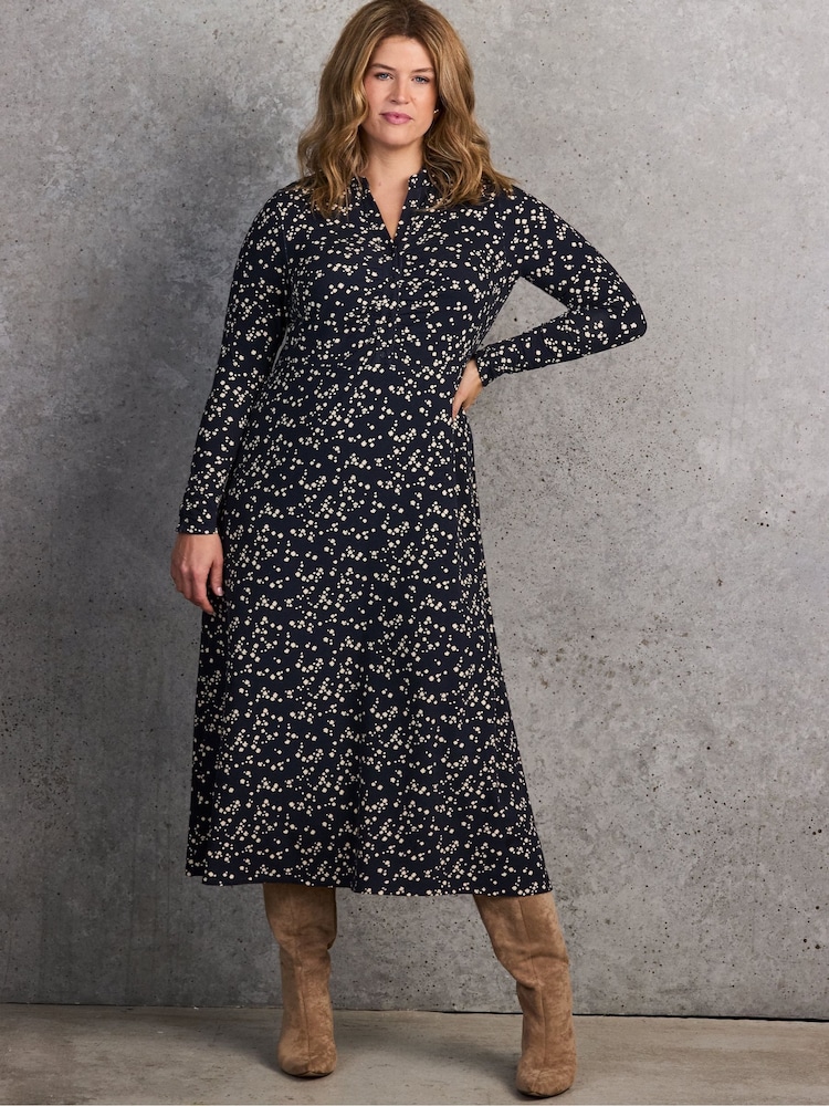 Live Unlimited Blue Navy Ditsy Print Gathered Shirt Dress - Image 1 of 6 Live Unlimited Blue Navy Ditsy Print Gathered Shirt Dress - Image 1 of 6