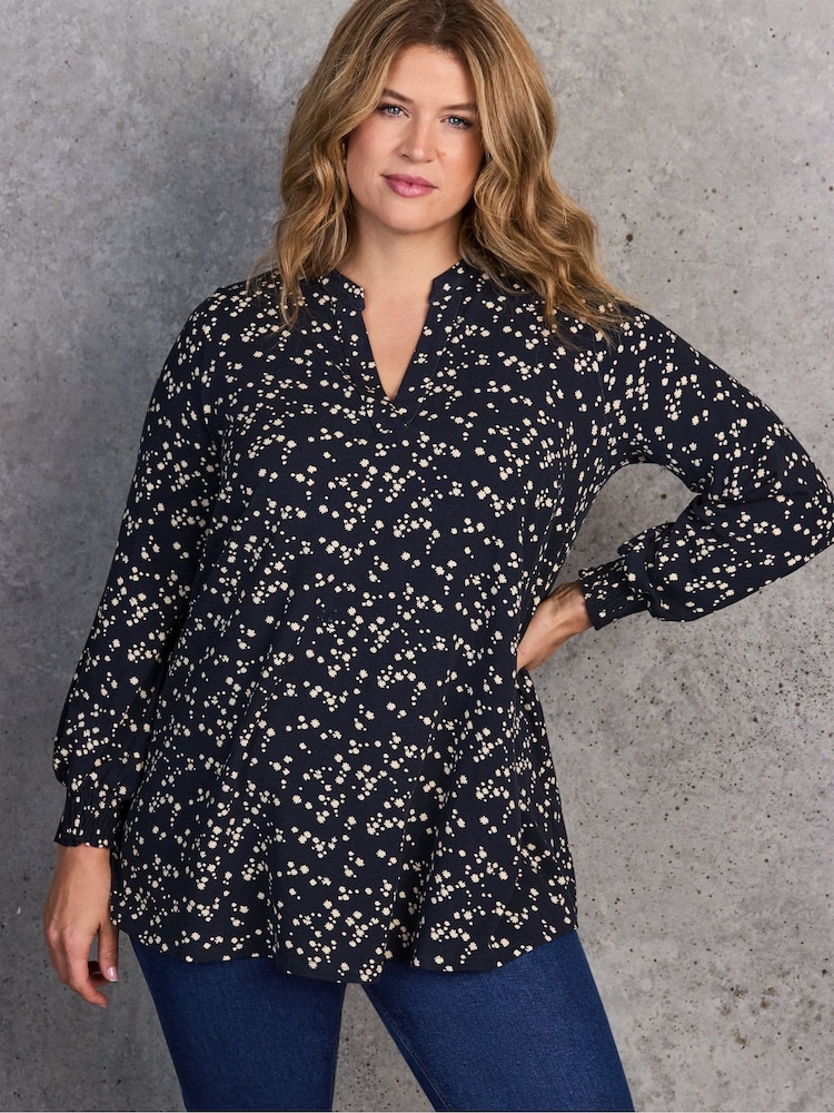 Live Unlimited Blue Navy Ditsy Print Nehru Collar Tunic - Image 1 of 8 Live Unlimited Blue Navy Ditsy Print Nehru Collar Tunic - Image 1 of 8