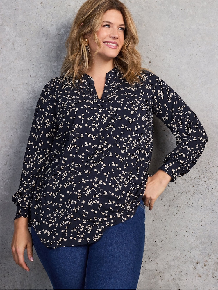 Live Unlimited Blue Navy Ditsy Print Nehru Collar Tunic - Image 2 of 8 Live Unlimited Blue Navy Ditsy Print Nehru Collar Tunic - Image 2 of 8