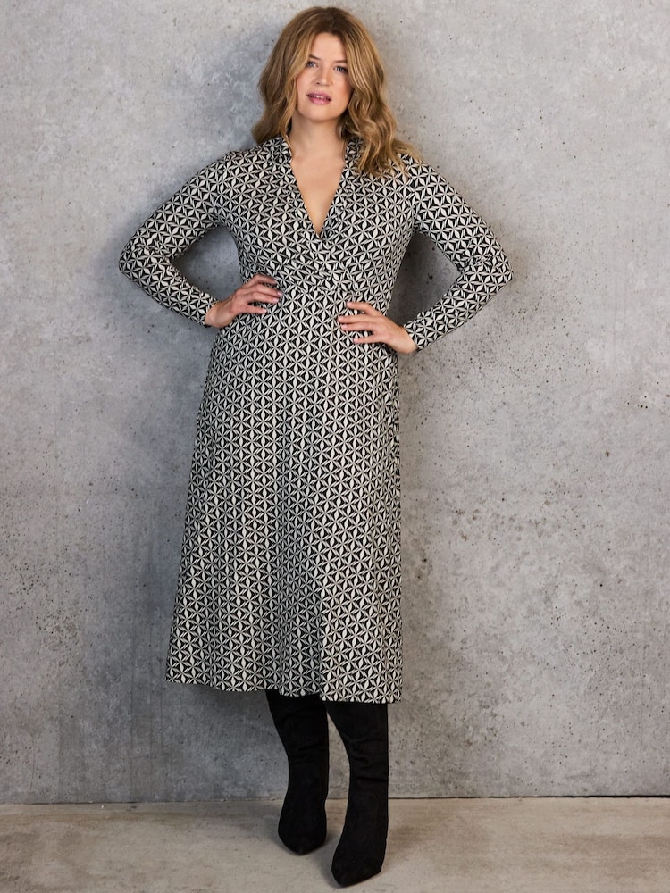 Live Unlimited Black Geo Print Collar Wrap Jersey Dress - Image 1 of 5 Live Unlimited Black Geo Print Collar Wrap Jersey Dress - Image 1 of 5