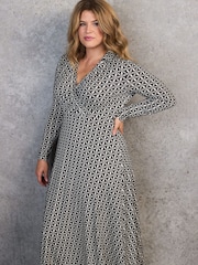 Live Unlimited Black Geo Print Collar Wrap Jersey Dress - Image 3 of 5