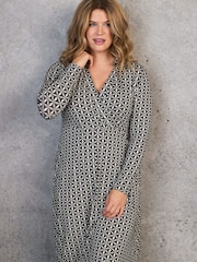 Live Unlimited Black Geo Print Collar Wrap Jersey Dress - Image 4 of 5