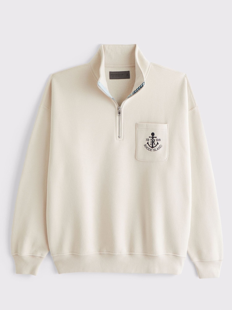 Abercrombie & Fitch Cream Graphic Half Zip Collar Jumper - Image 1 of 2