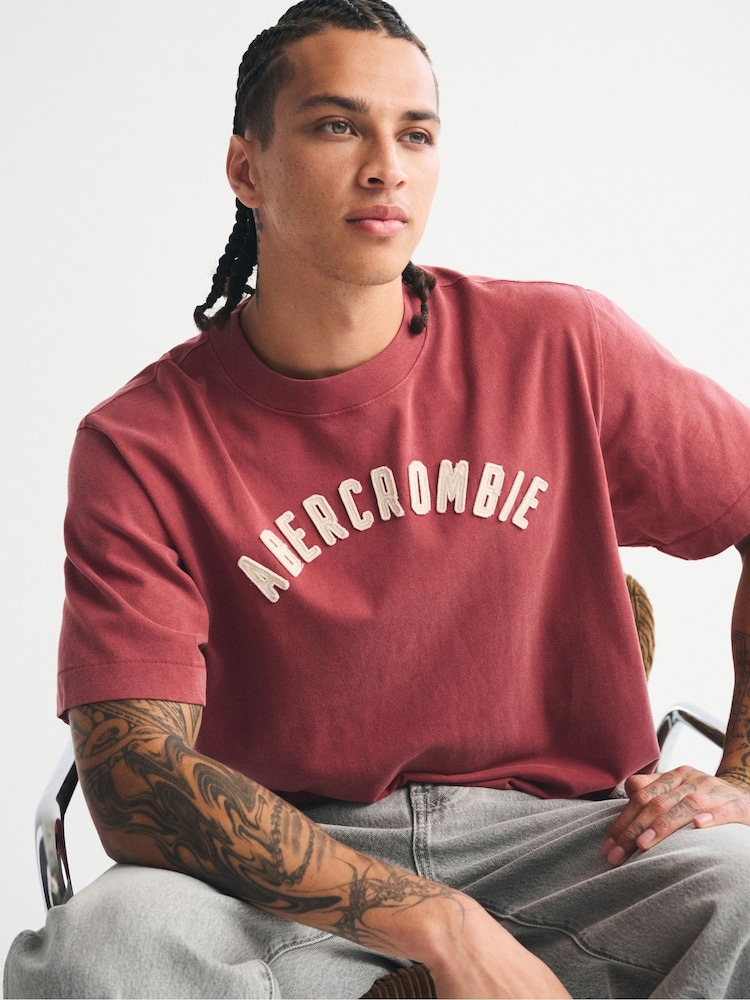 Abercrombie & Fitch Red Logo Short Sleeve Crew Neck T-Shirt - Image 1 of 9 Abercrombie & Fitch Red Logo Short Sleeve Crew Neck T-Shirt - Image 1 of 9