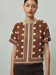Şokolad Qəhvəyi/Ekru Polka Dot - Qısa Qollu Qutulu Top - 7şəkildən 2 şəkil