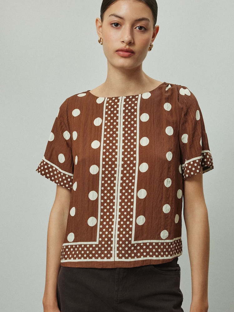 Şokolad Qəhvəyi/Ekru Polka Dot - Qısa Qollu Qutulu Top - 7şəkildən 2 şəkil