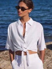 White Tie-Front Short Sleeve Shirt with Linen - Image 1 of 7