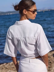 White Tie-Front Short Sleeve Shirt with Linen - Image 3 of 7