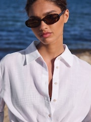 White Tie-Front Short Sleeve Shirt with Linen - Image 4 of 7