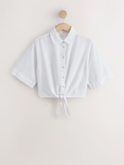 White Tie-Front Short Sleeve Shirt with Linen - Image 5 of 7
