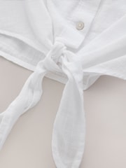 White Tie-Front Short Sleeve Shirt with Linen - Image 7 of 7