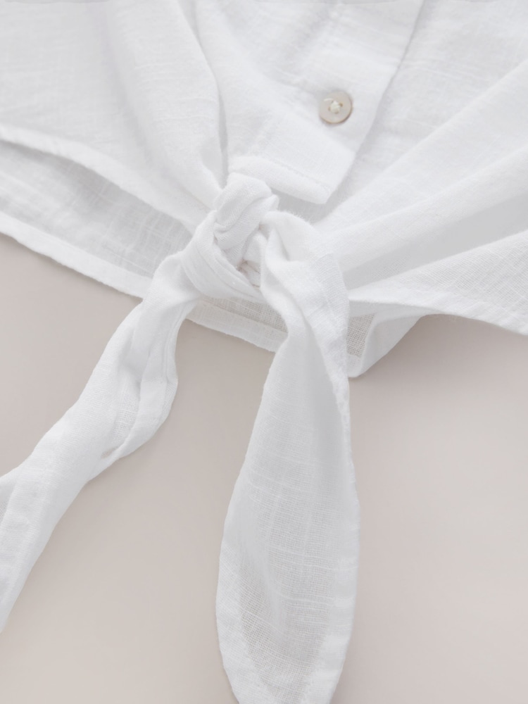 White Tie-Front Short Sleeve Shirt with Linen - Image 7 of 7