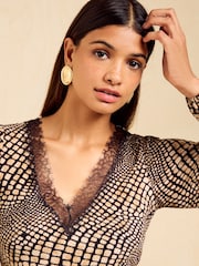 Friends Like These Brown V-Neck Lace Trim Top - Image 3 of 6