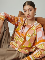 Orange/Pink Abstract Floral Print Long Sleeve V-Neck Overhead Blouse - Image 1 of 7