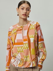 Orange/Pink Abstract Floral Print Long Sleeve V-Neck Overhead Blouse - Image 2 of 7