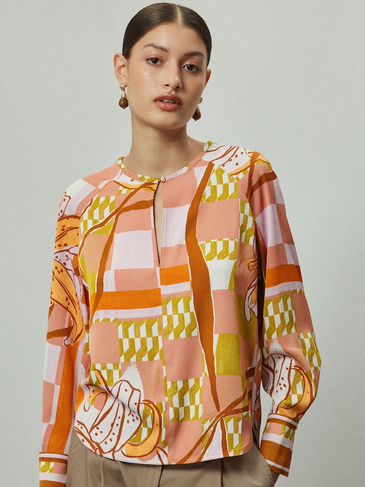 Orange/Pink Abstract Floral Print Long Sleeve V-Neck Overhead Blouse - Image 2 of 7