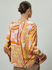 Orange/Pink Abstract Floral Print Long Sleeve V-Neck Overhead Blouse - Image 3 of 7
