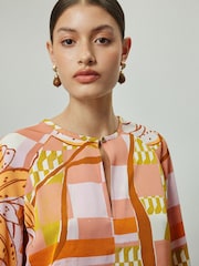 Orange/Pink Abstract Floral Print Long Sleeve V-Neck Overhead Blouse - Image 4 of 7