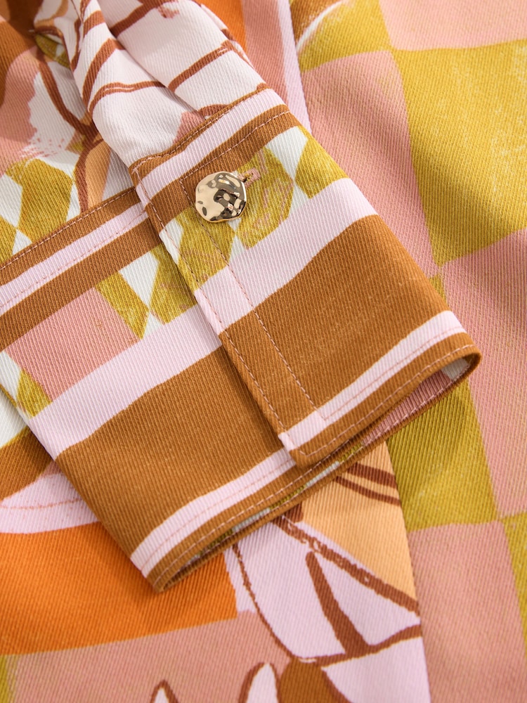 Orange/Pink Abstract Floral Print Long Sleeve V-Neck Overhead Blouse - Image 7 of 7