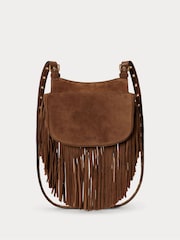 Lauren Ralph Lauren Brown Marcy Fringed Suede Cross-Body Medium Saddle Bag - Image 1 of 6