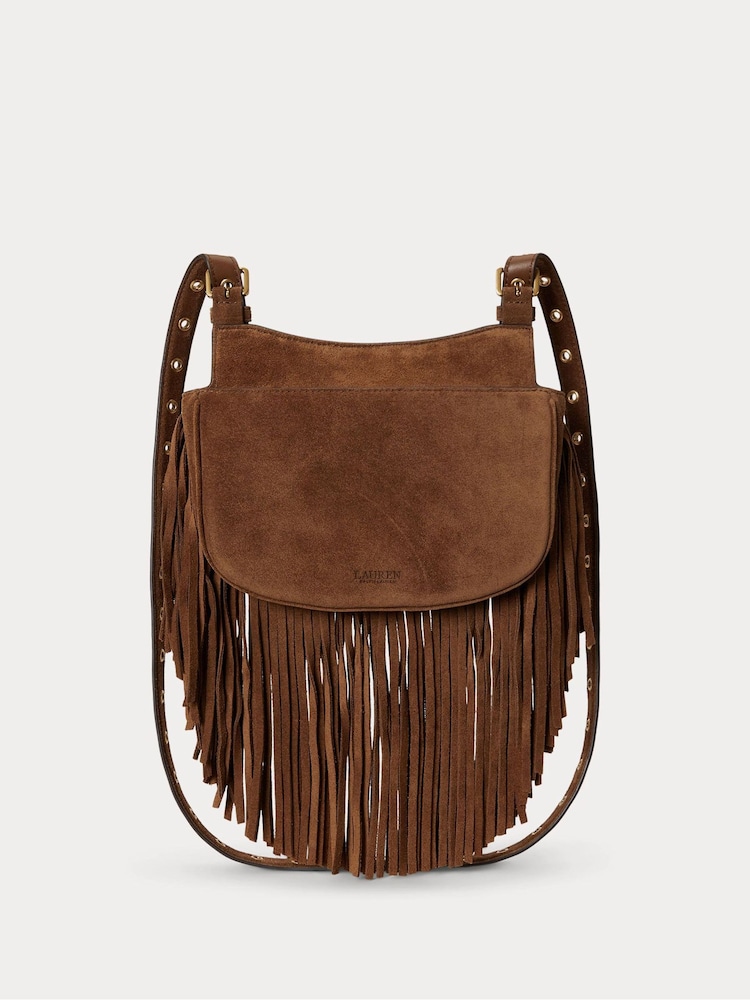 Lauren Ralph Lauren Brown Marcy Fringed Suede Cross-Body Medium Saddle Bag - Image 1 of 6