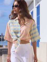 Pink/Yellow Spliced Check Tie-Front Short Sleeve Shirt with Linen - Image 1 of 6