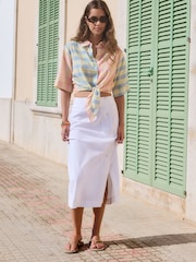 Pink/Yellow Spliced Check Tie-Front Short Sleeve Shirt with Linen - Image 2 of 6