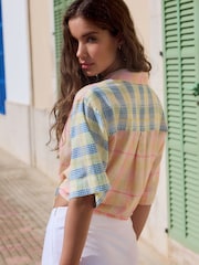 Pink/Yellow Spliced Check Tie-Front Short Sleeve Shirt with Linen - Image 4 of 6