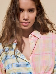 Pink/Yellow Spliced Check Tie-Front Short Sleeve Shirt with Linen - Image 5 of 6
