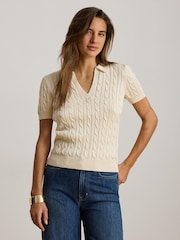 Lauren Ralph Lauren Cream Cable Knit Short Sleeve Polo Sweater - Image 1 of 6