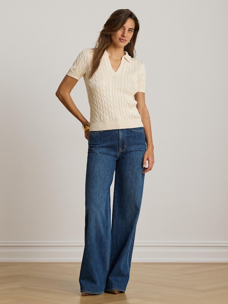 Lauren Ralph Lauren Cream Cable Knit Short Sleeve Polo Sweater - Image 2 of 6 Lauren Ralph Lauren Cream Cable Knit Short Sleeve Polo Sweater - Image 2 of 6