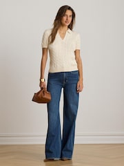 Lauren Ralph Lauren Cream Cable Knit Short Sleeve Polo Sweater - Image 3 of 6