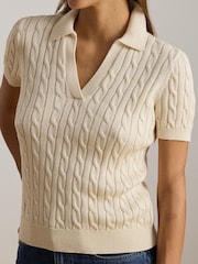 Lauren Ralph Lauren Cream Cable Knit Short Sleeve Polo Sweater - Image 5 of 6