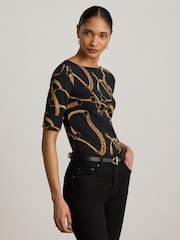 Lauren Ralph Lauren Black Judy Bridle Print Stretch Cotton Boat Neck Mid Sleeve T-Shirt - Image 1 of 4