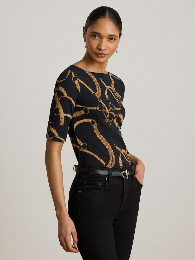 Lauren Ralph Lauren Black Judy Bridle Print Stretch Cotton Boat Neck Mid Sleeve T-Shirt - Image 1 of 4 Lauren Ralph Lauren Black Judy Bridle Print Stretch Cotton Boat Neck Mid Sleeve T-Shirt - Image 1 of 4