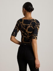 Lauren Ralph Lauren Black Judy Bridle Print Stretch Cotton Boat Neck Mid Sleeve T-Shirt - Image 3 of 4